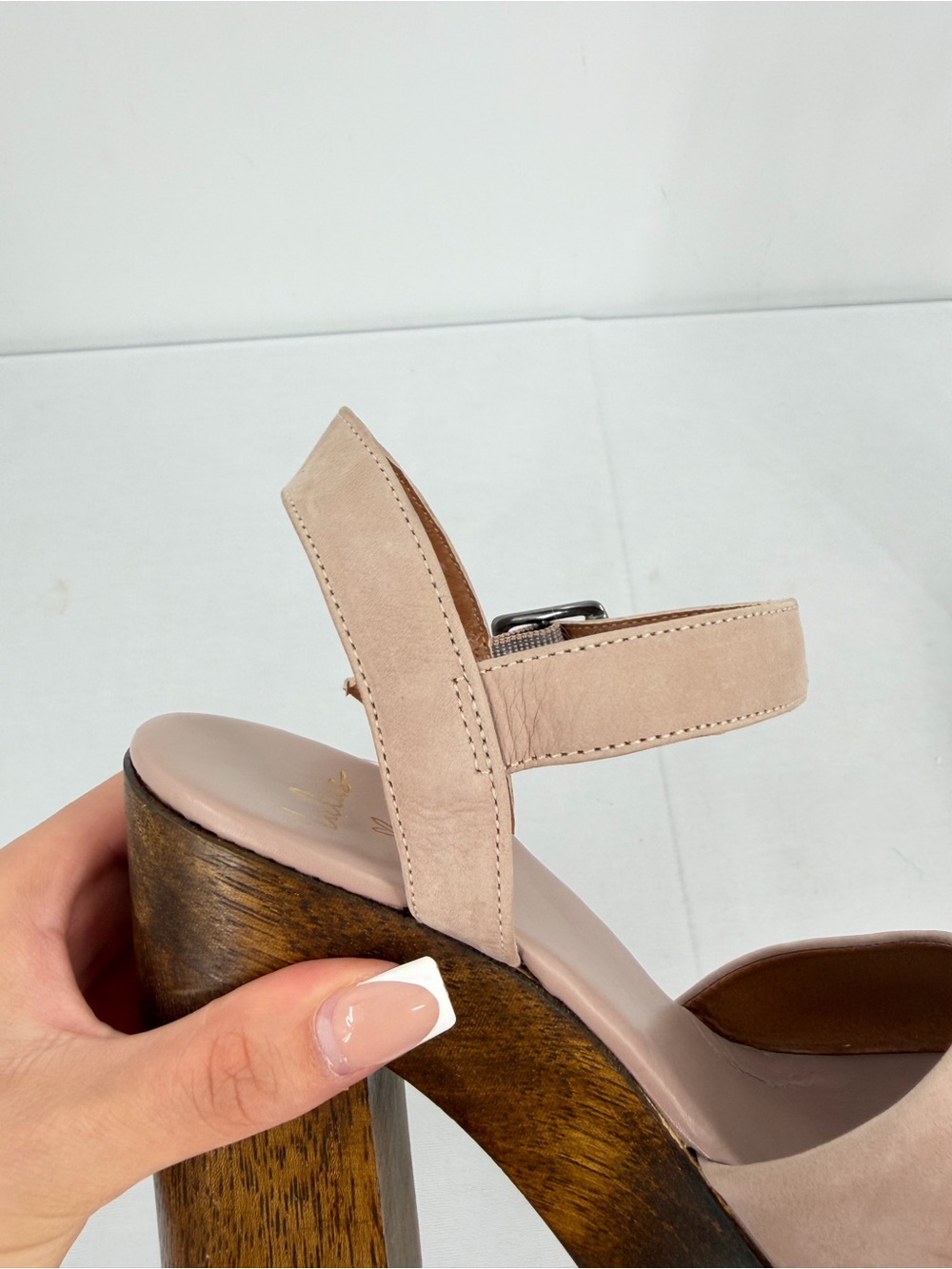 Leather Wood Platform Block Heel Sandals Nude 6.5 resort boho eurosummer coastal - Picture 11 of 16